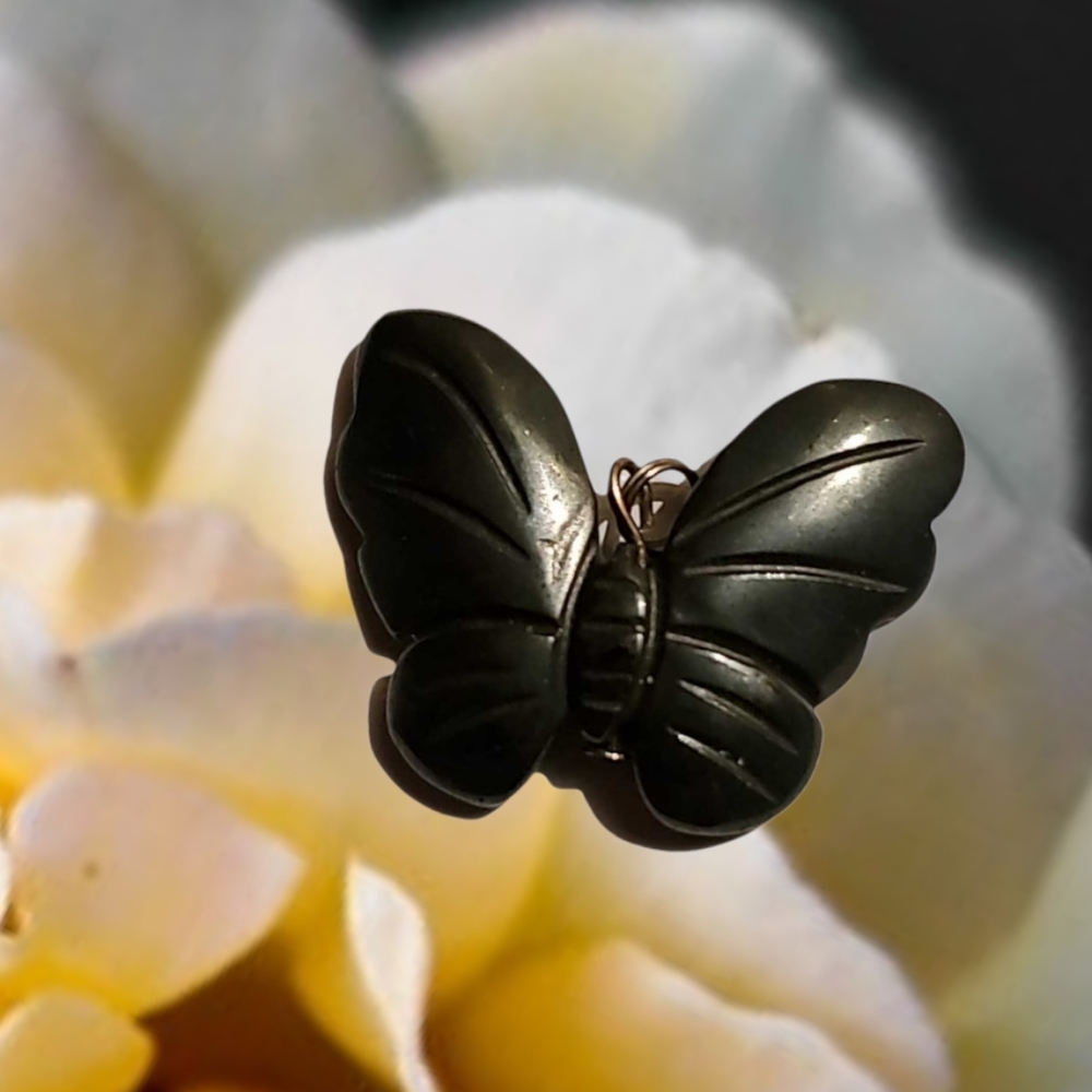 Black Carved Black Gem Stone Butterfly Necklace Pendant Bracelet Charm Glossy